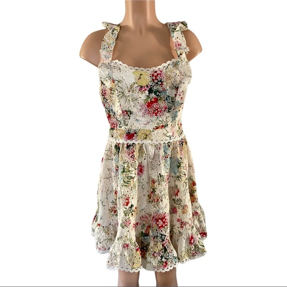 Indikah by Angel Biba Floral Eyelet Apron Mini Dress Size Small - Picture 11 of 11